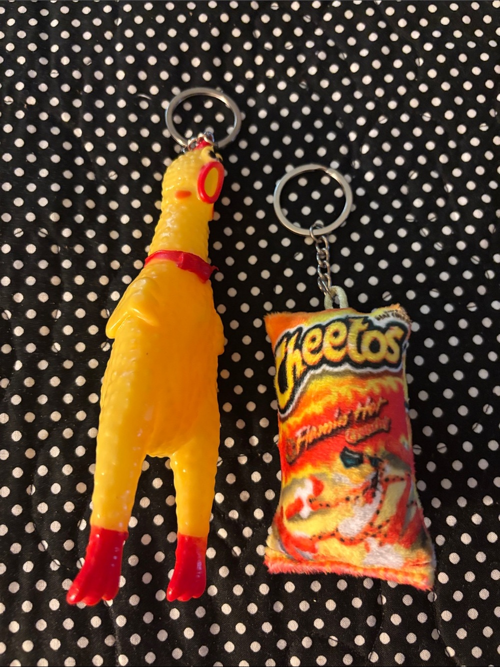 Yellow Novelty Rubber Chicken Dog Toy Keychain with Red Accents